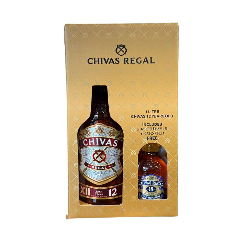 Chivas Regal whisky gift set with two bottles on a gold background
