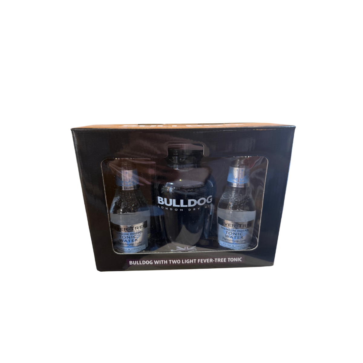 Bulldog gin gift set with tonic water in packaging on a white background