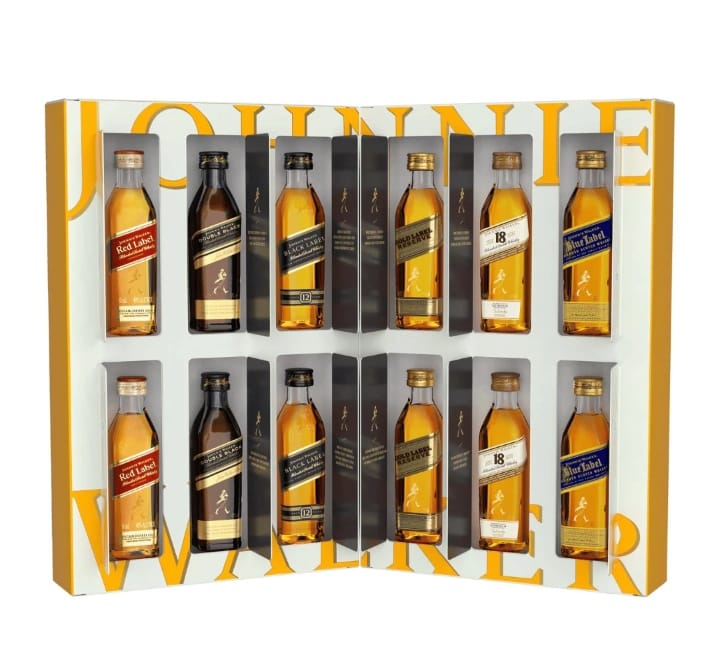 Johnnie Walker whisky bottles in a gift set packaging