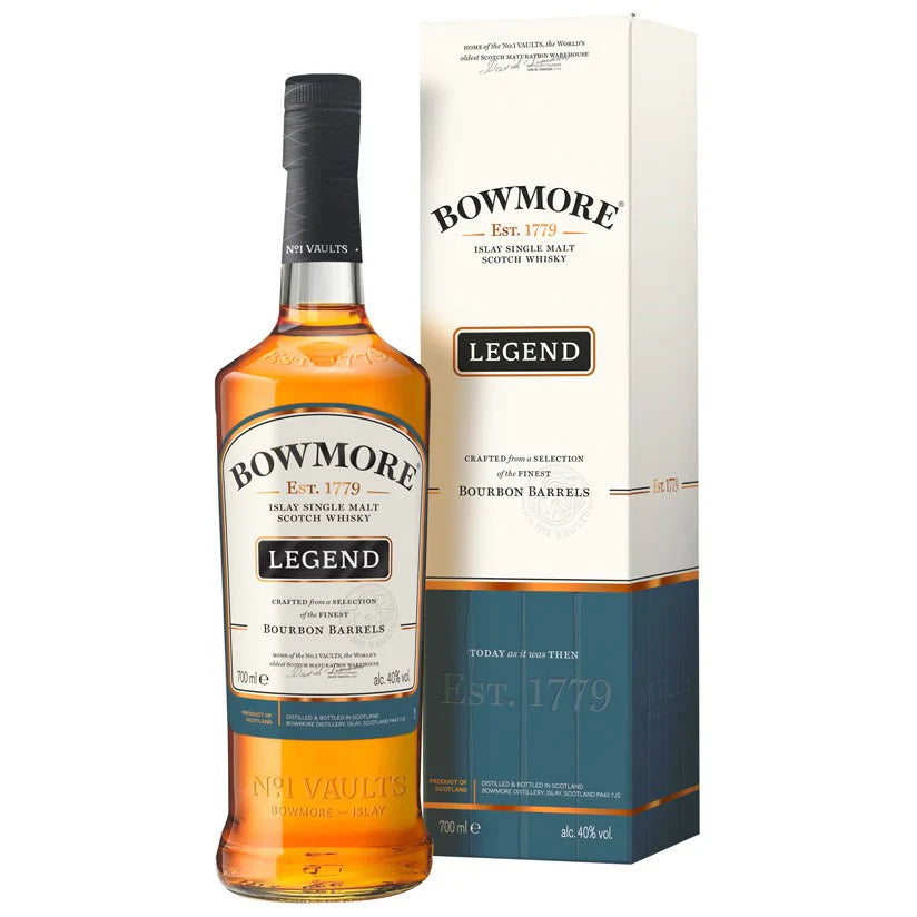 Bowmore Legend whisky bottle and packaging on a white background