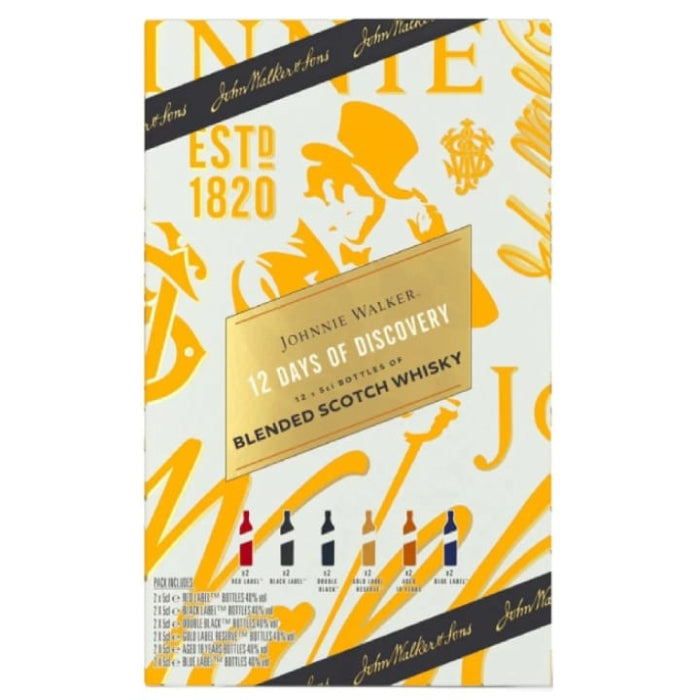 Johnnie Walker 12 Days of Discovery Blended Scotch Whisky packaging on a white background