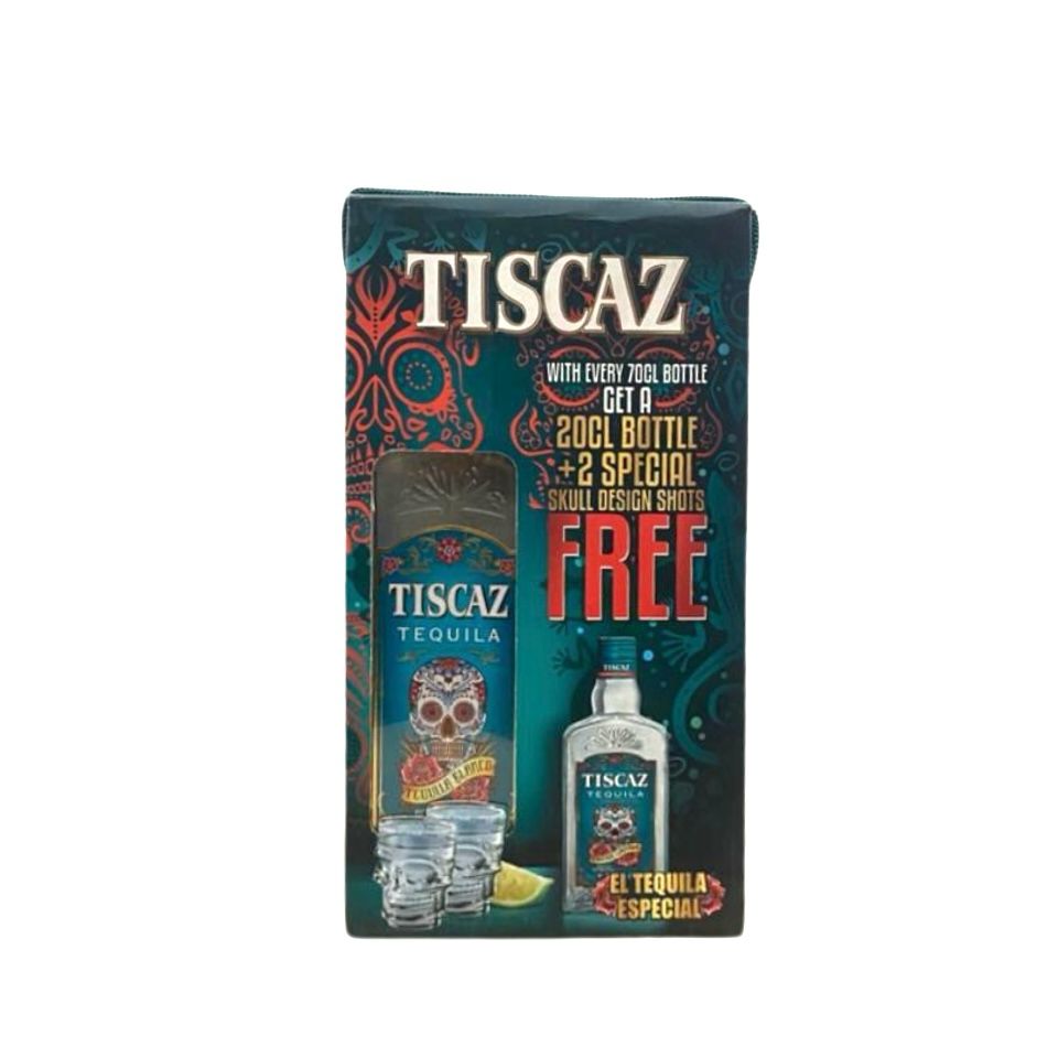 Tiscaz Tequila 70cl + 20cl bottle + 2 Skull Design Shots - Premium Liquors & Cigars